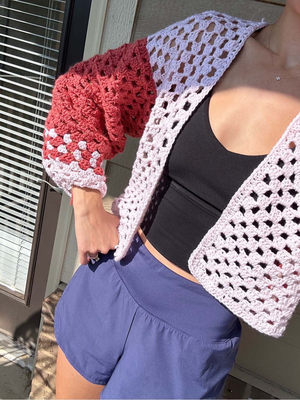 Hand-Crocheted Two-Tone Open Weave Sweater - Pink and Maroon